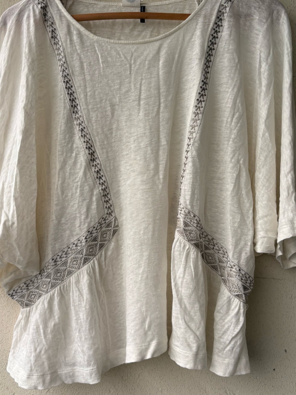 Anthropologie White Linen Blend Peasant Top with Gray Embroidery